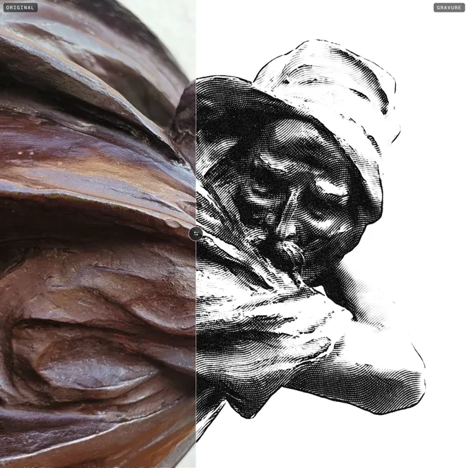 Burin in action: a photo on the left and the same image rendered as a line engraving on the right, split by a slider