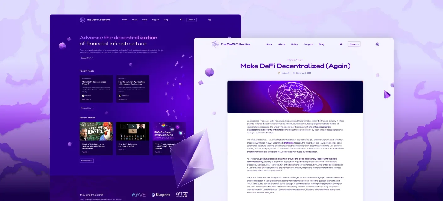 The DeFi Collective website in dark and light themes: the home page and a research article, on a deep purple identity with a network-ant mark