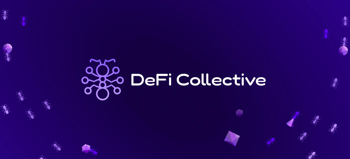 The DeFi Collective brand lockup: a mark that reads as both an ant and a network of connected nodes, beside the wordmark, on a deep purple field scattered with ants and low-poly crystals