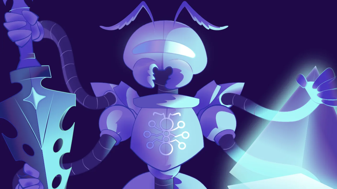 A profile illustration for one of the DeFi Collective founders: an ant rendered as a glowing violet knight holding a crystalline sword, the ant-network mark on its chest, against a dark background.