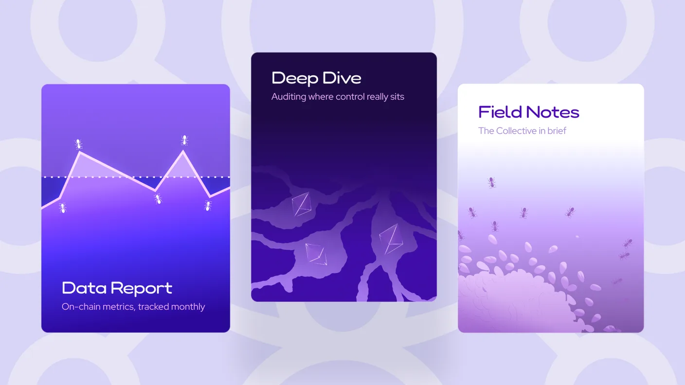 Three DeFi Collective editorial cards: 'Data Report, on-chain metrics tracked monthly' with an ant-dotted line chart, 'Deep Dive, auditing where control really sits' over dark roots and Ethereum crystals, and 'Field Notes, the Collective in brief' with ants carrying grains.