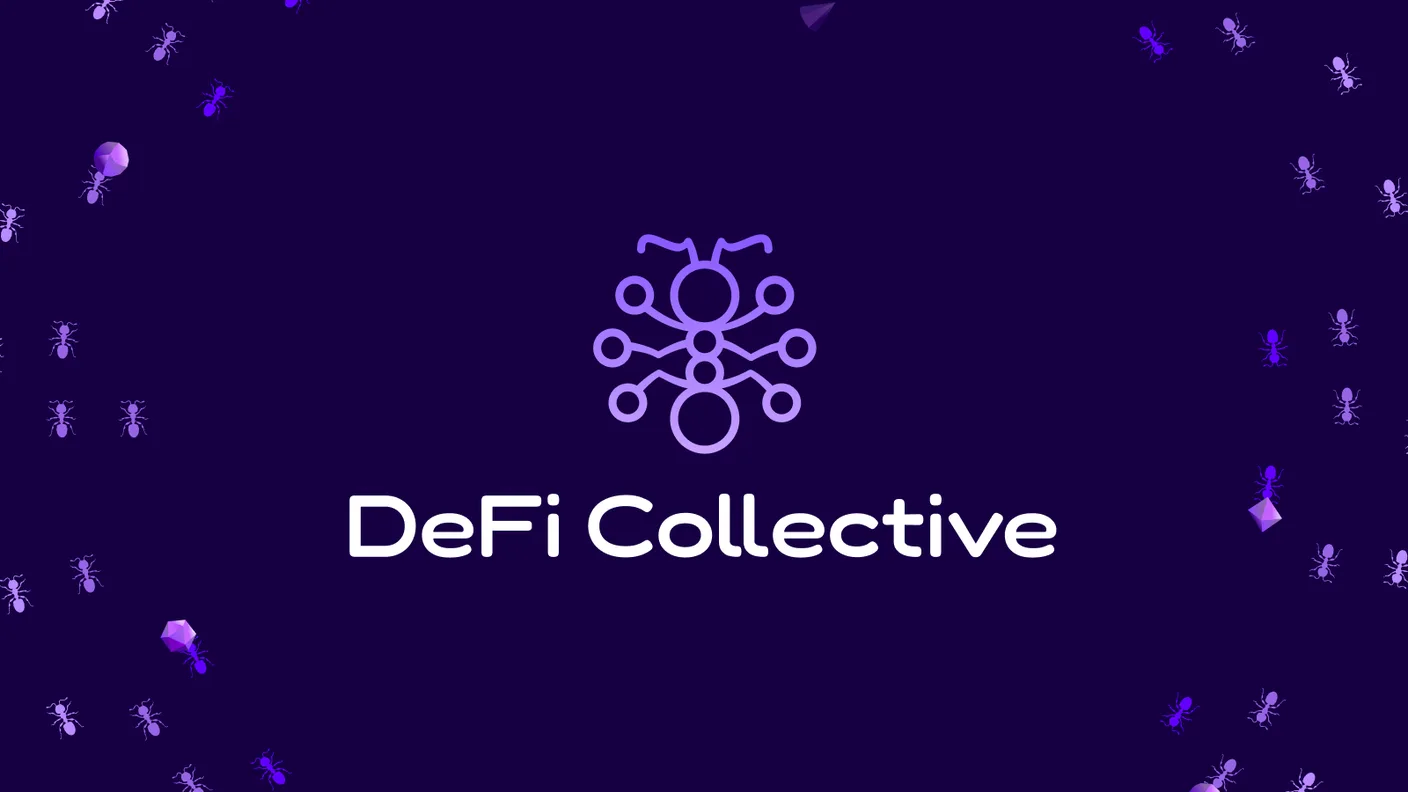 The DeFi Collective logo: the ant-network mark above the 'DeFi Collective' wordmark, on a deep-purple field scattered with ants and low-poly crystals.