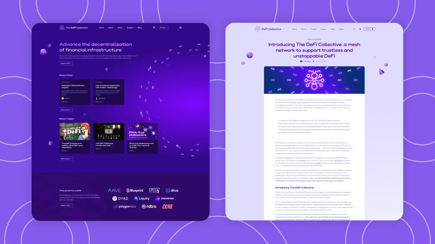 The DeFi Collective website in dark and light: a home page headed 'Advance the decentralization of financial infrastructure' with recent posts and media, and a research article, both on a deep-violet field scattered with ants and low-poly crystals.