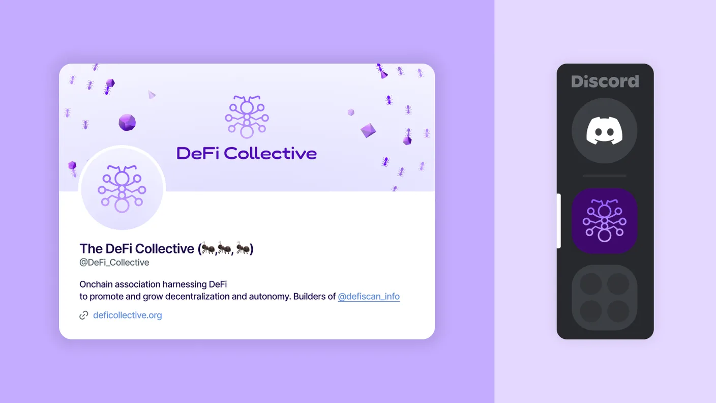 The DeFi Collective's social presence: an X profile with the ant-network avatar and a banner scattered with ants and crystals, the handle @DeFi_Collective and its bio, beside the same mark set as a Discord server icon.
