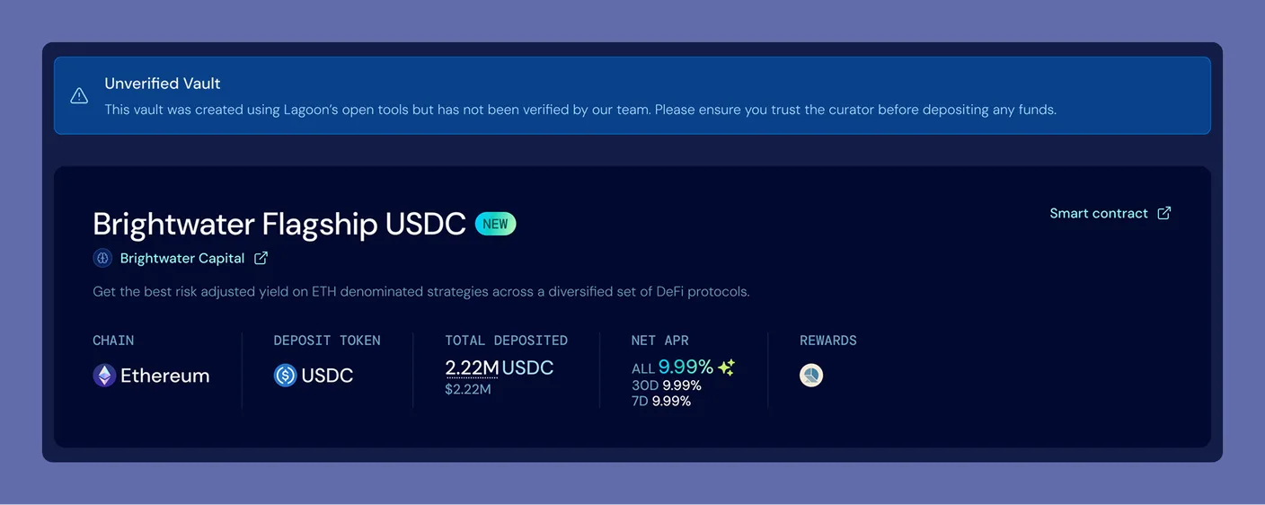 An unverified-vault banner above a vault header: the banner says the vault was created using Lagoon's open tools but has not been verified by the team and to ensure you trust the curator before depositing, shown above the Brightwater Flagship USDC header and its figures