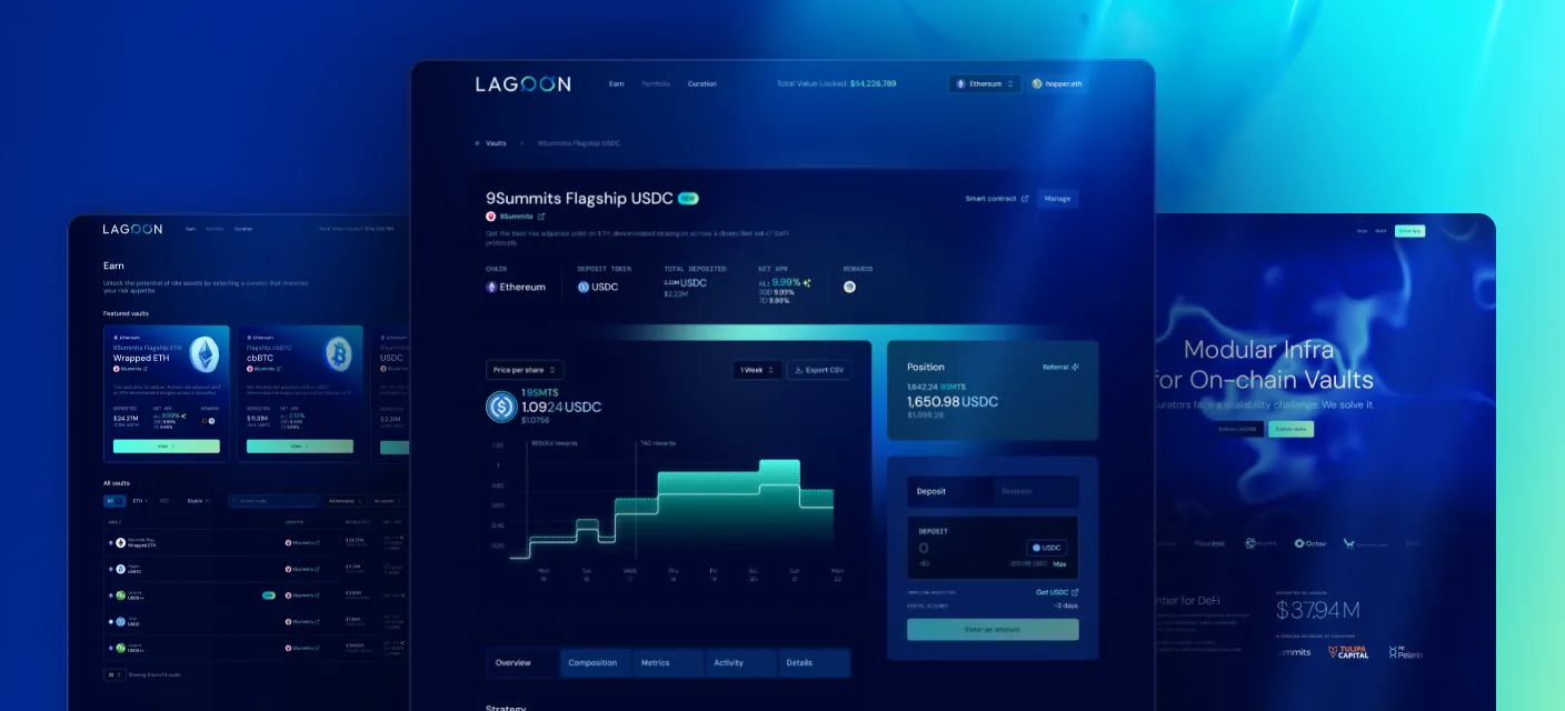 Lagoon vault product screens: earn page, vault detail with chart, position panel and curator views