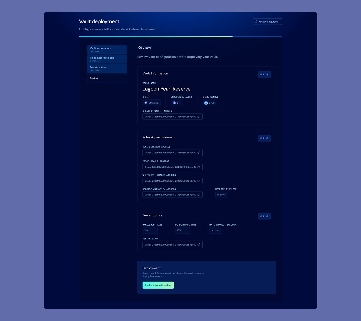 Vault deployment review screen: vault information, roles and fee structure recapped with their on-chain addresses, the rate-change and upgrade timelocks, and a deploy button, all on one screen before the transaction