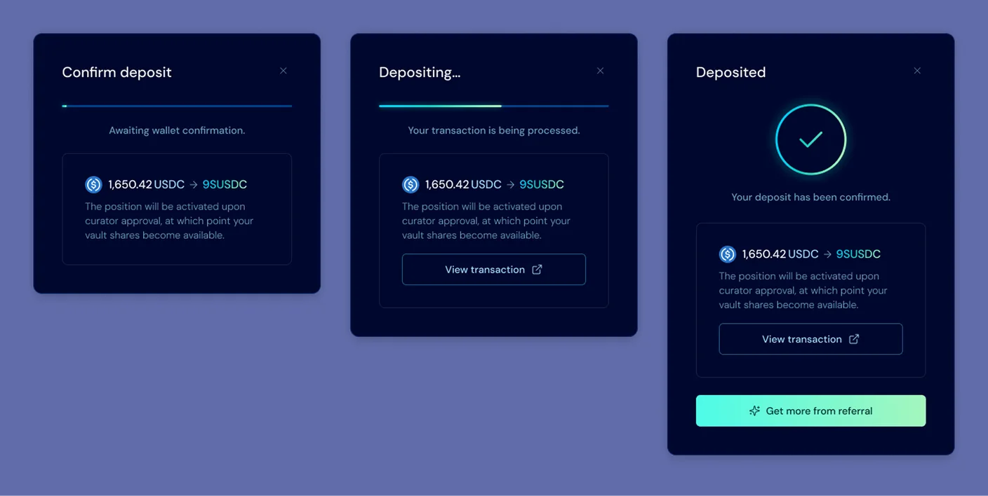 The deposit flow in three modal states side by side: Confirm deposit (awaiting wallet confirmation, 1,650.42 USDC to 9SUSDC), Depositing (transaction processing), and Deposited (confirmed), each repeating the notice that the position activates upon curator approval