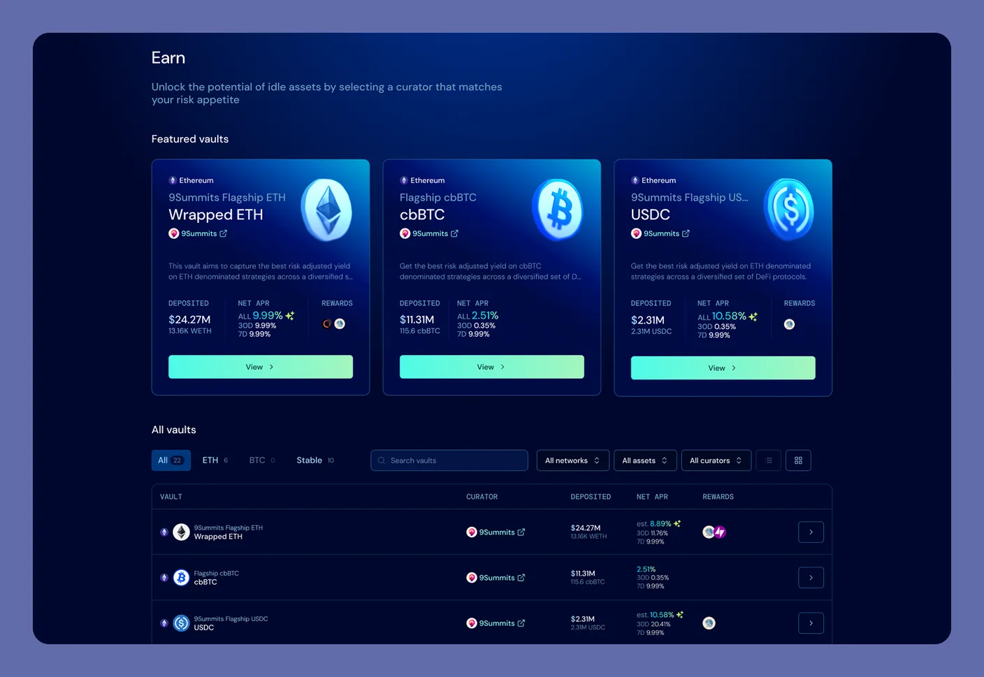 The Earn page: three featured vault cards with APR and TVL, above a full vault table with asset tabs and filters by network, asset and curator