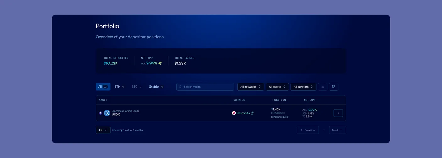 The Portfolio page: total deposited, net APR and total earned in a summary strip, then a table of positions with curator, value and a pending request status chip