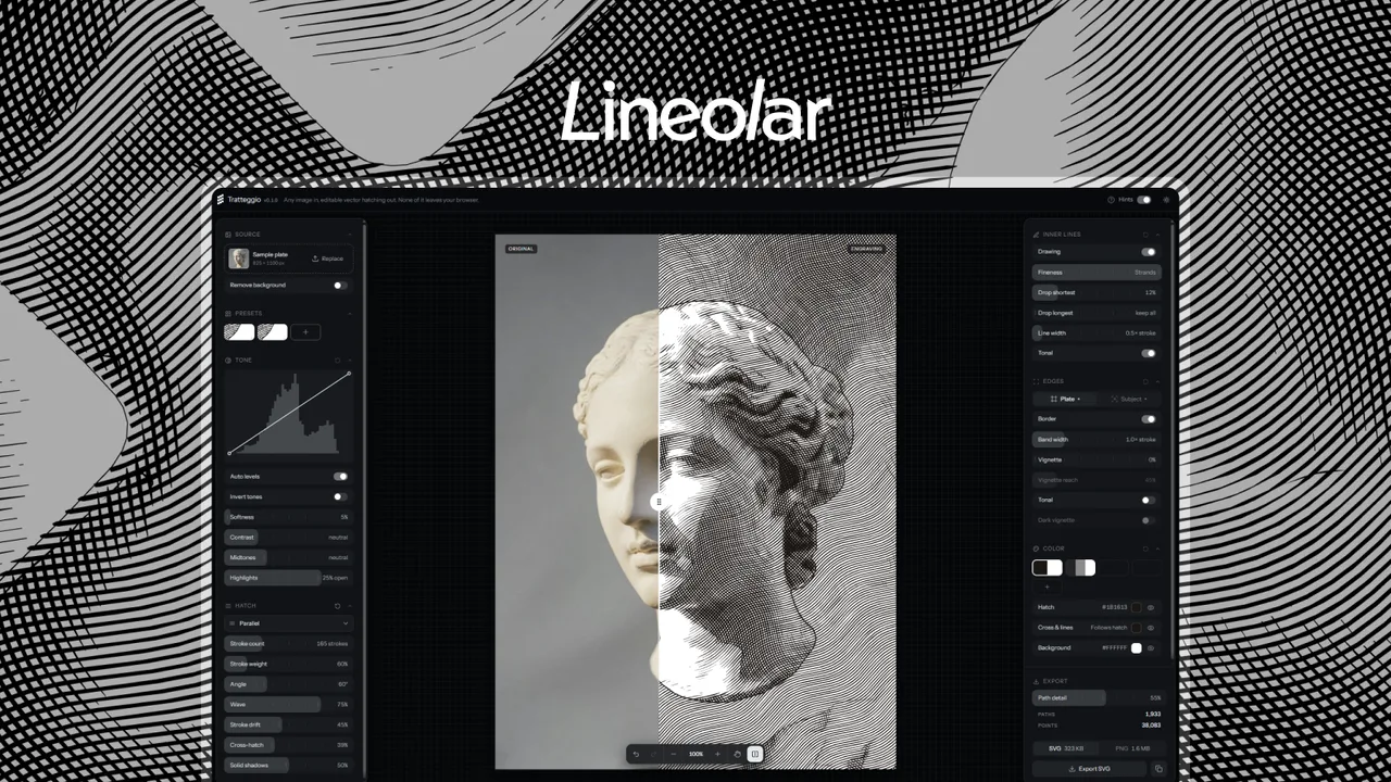 The Lineolar wordmark over a field of engraved lines, above the editor: a plaster head split between the photo and its hatched engraving, framed by the tone, hatch, edge and color controls