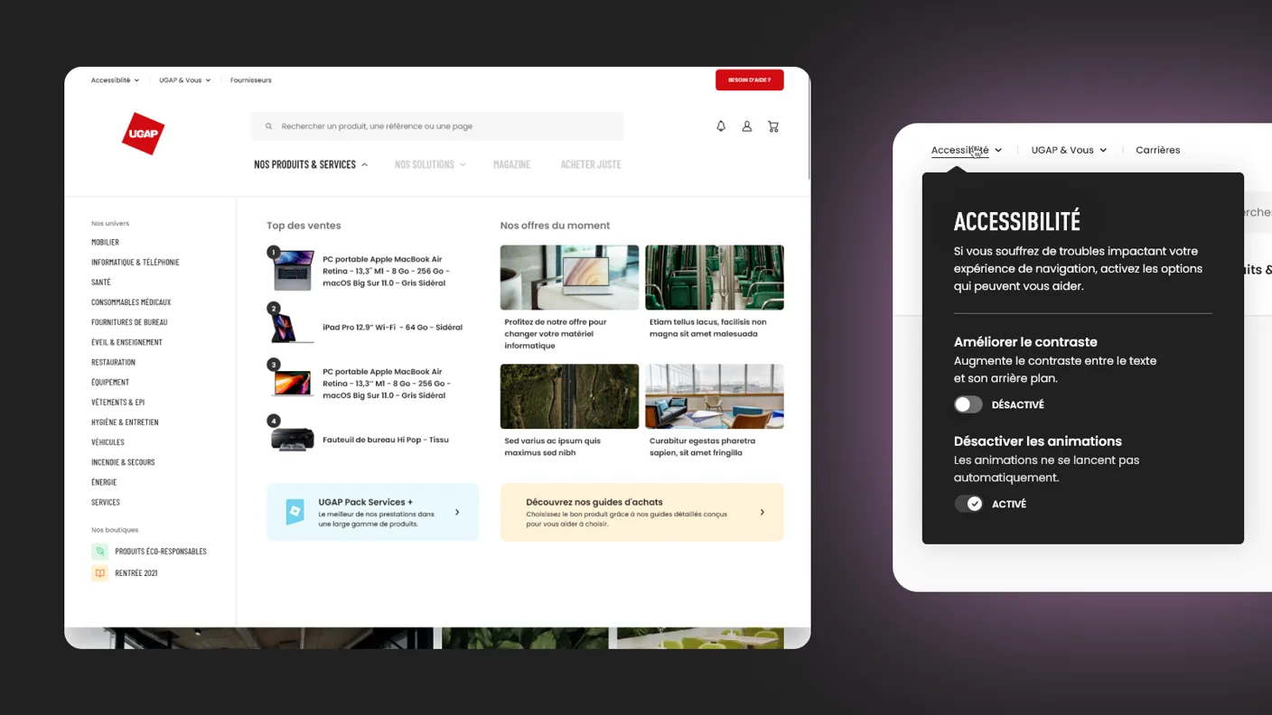 The UGAP 'Nos produits et services' mega-menu open over the catalogue, beside an accessibility panel offering higher contrast and an option to disable animations.