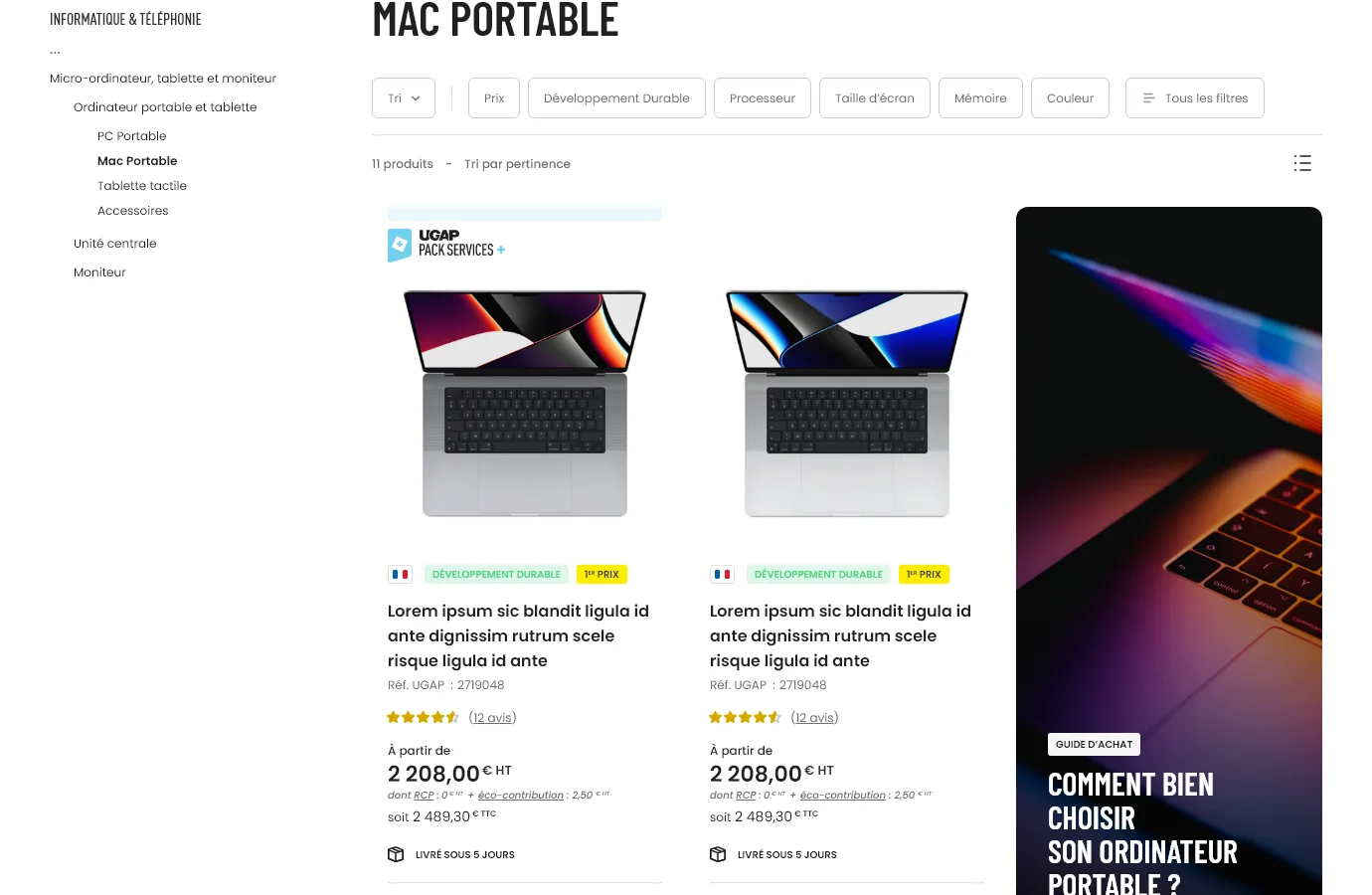 A UGAP category page for laptops: a left-hand category tree, a row of filter chips (price, sustainability, processor, screen size, memory, colour), and a grid of product cards with prices and delivery times.