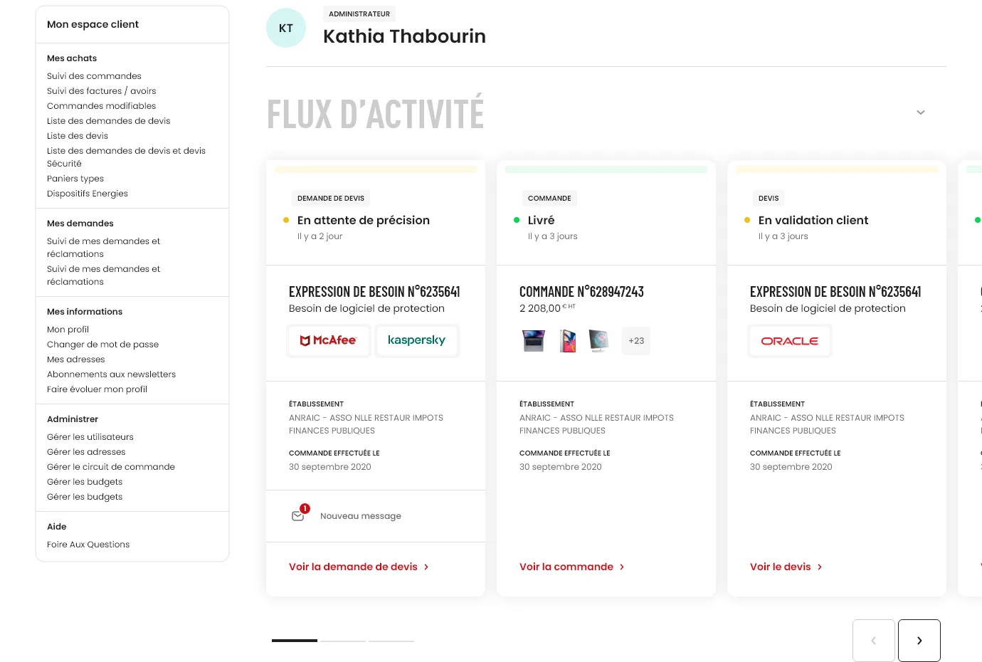 The UGAP client account home: a user header, then an activity feed of request cards, each with a status chip (awaiting details, delivered, client validation), the suppliers involved (McAfee, Kaspersky, Oracle), the ordering establishment and dates, and one card flagging a new message.