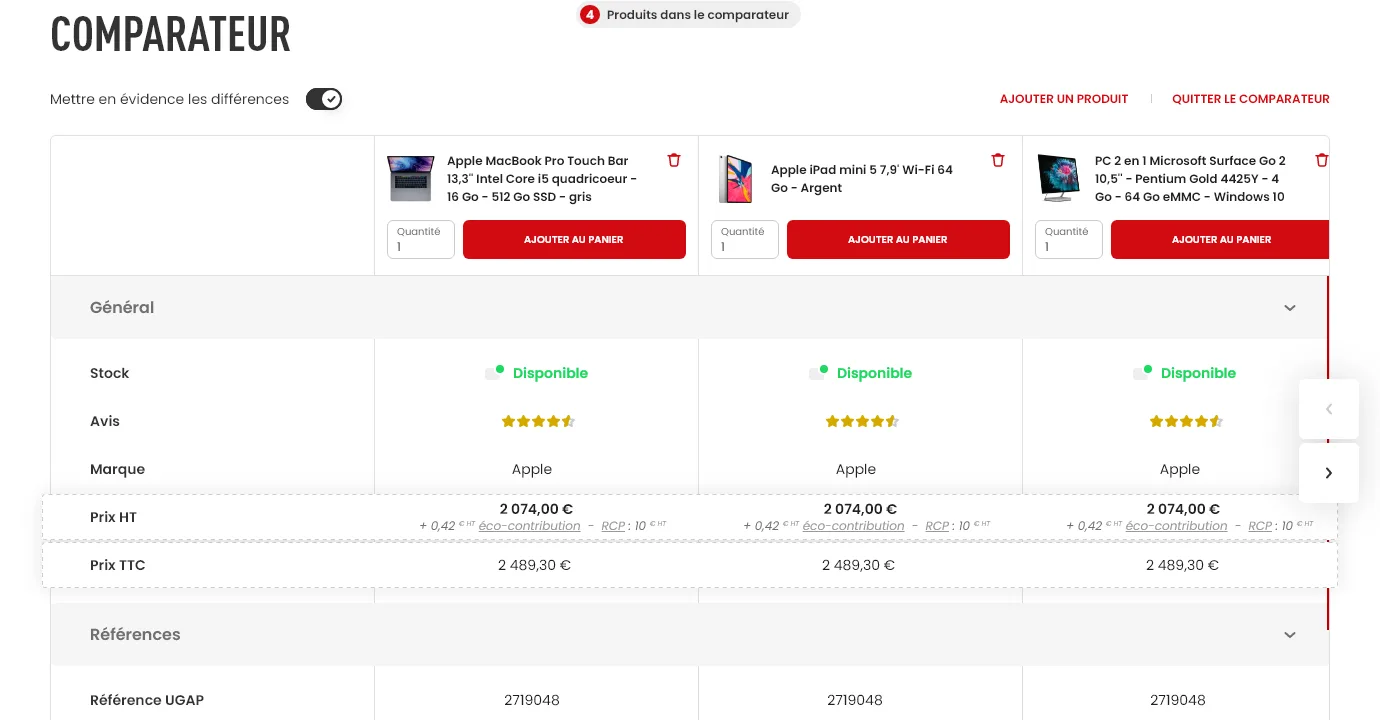 The UGAP comparison tool: three products side by side with a highlight-the-differences toggle, and a table comparing stock, ratings, brand, prices and reference numbers.