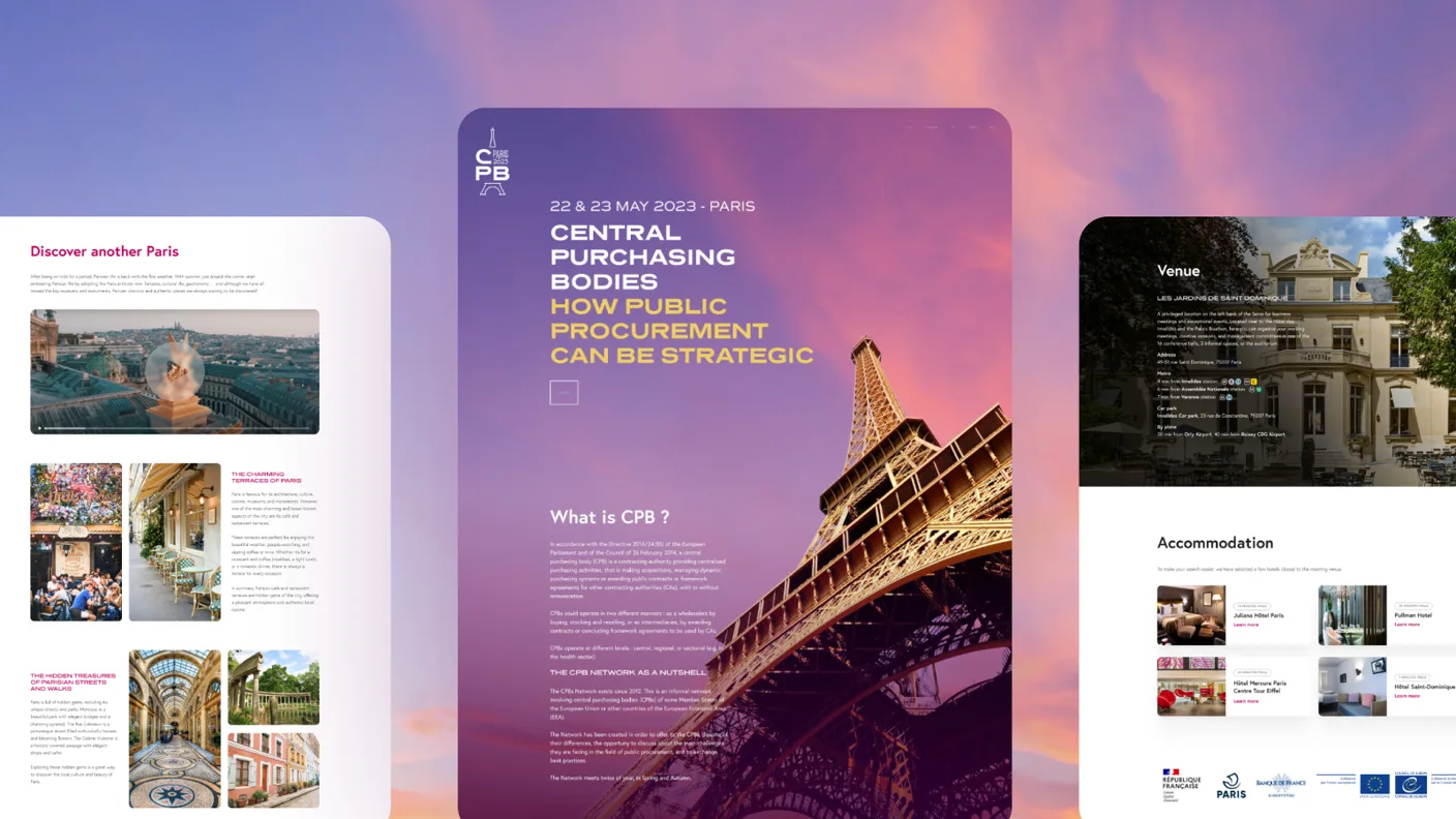 The CPB Paris 2023 event website: a purple sunset hero behind the Eiffel Tower titled 'Central Purchasing Bodies, how public procurement can be strategic', with a 'what is CPB' section, venue and accommodation details, and EU institutional logos.
