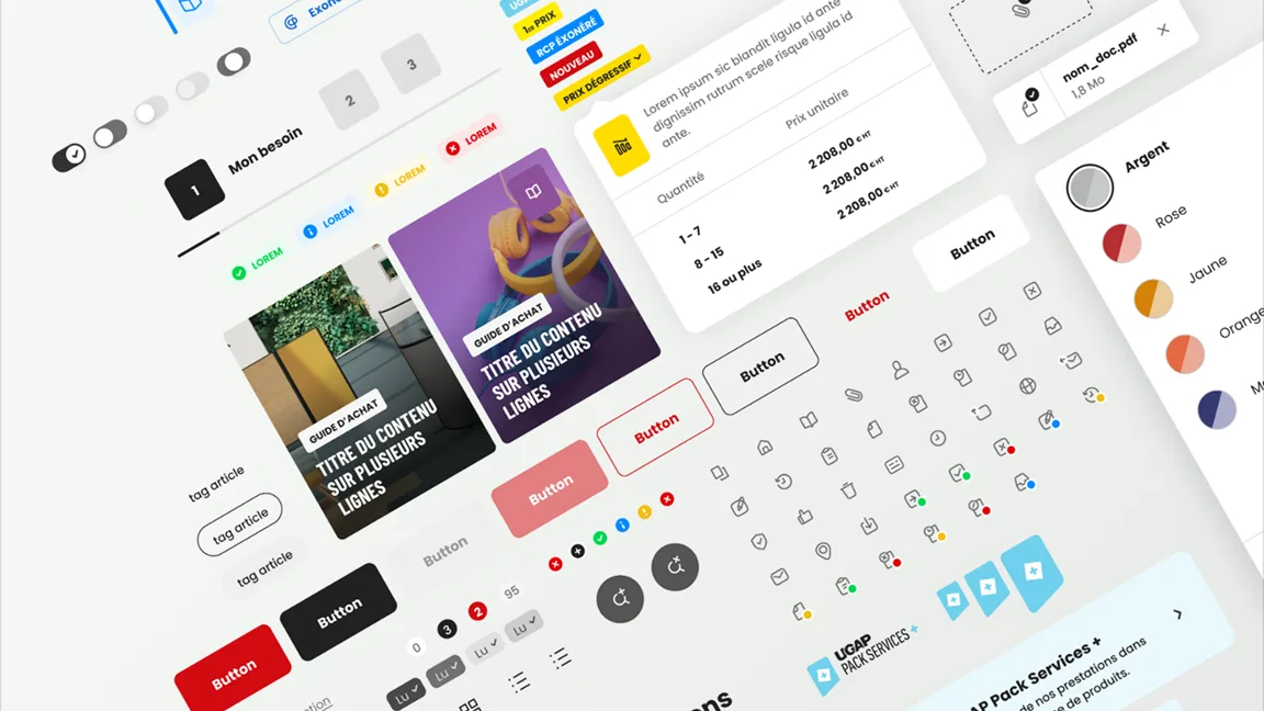 A UGAP design-system board: toggles, steppers, status badges, buttons in every state, a pricing table, buying-guide cards and colour swatches.