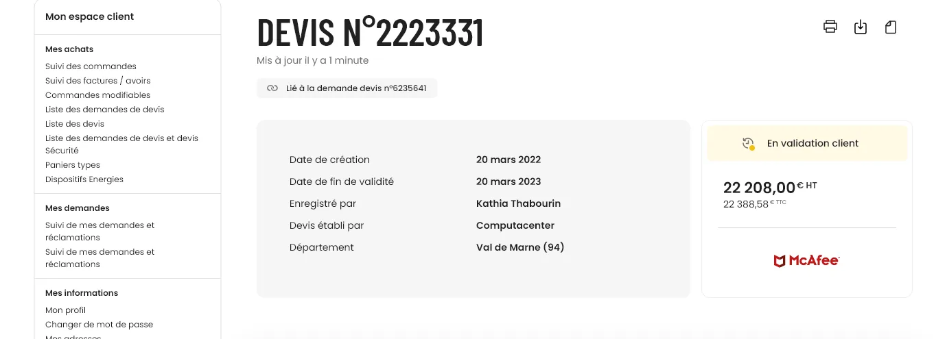 A UGAP quote detail header: the quote number and a link back to its request, a card listing creation and validity dates, the UGAP contact who registered it and the supplier who drew it up, and a card showing a client-validation status, the total (22,208 euros before tax, 22,388.58 including tax) and the McAfee mark.
