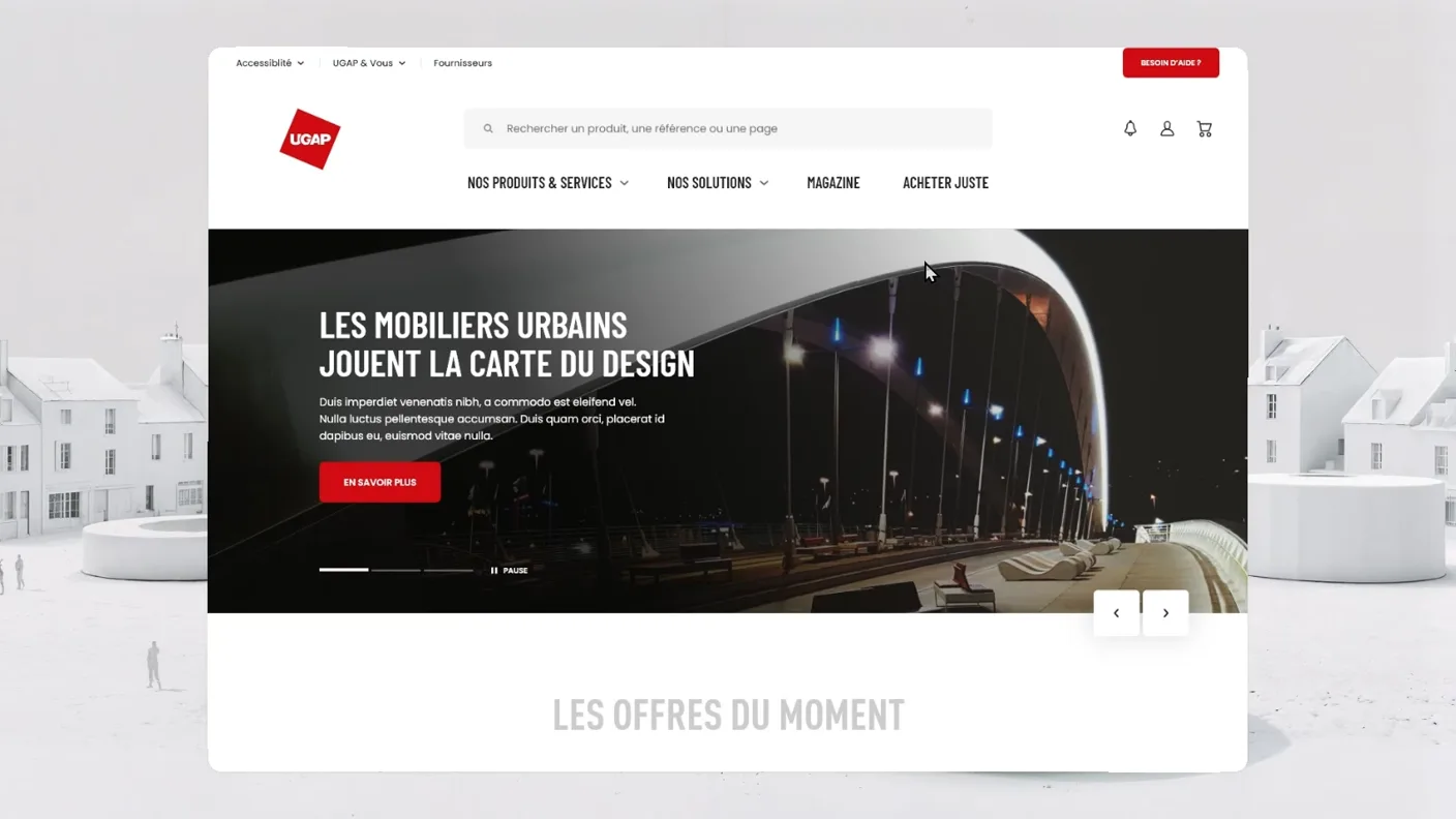The UGAP homepage: a full-width hero about urban furniture design, a row of offer cards, an engagements band and a grid of product universes.