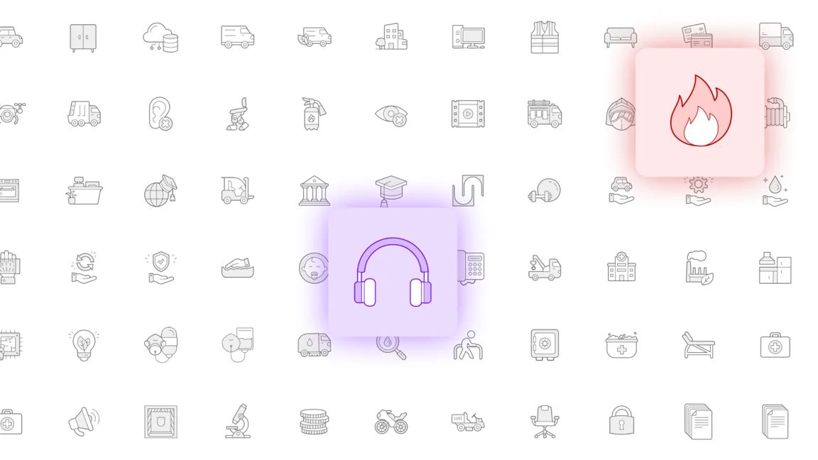 A grid of custom UGAP line icons covering vehicles, medical supplies, furniture, safety equipment and more, with a few picked out in colour.
