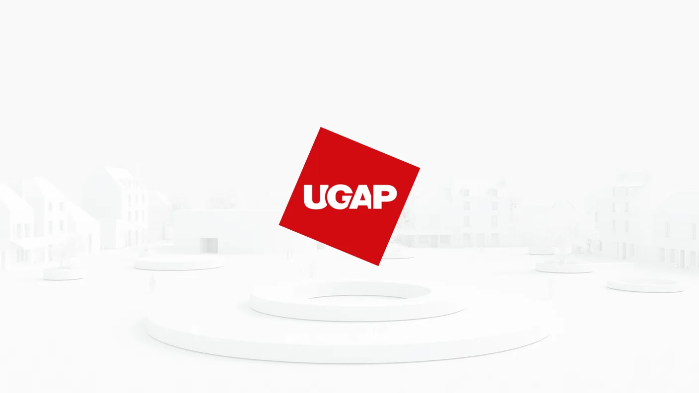 The red UGAP logo, a rotated square wordmark, centred over a pale white 3D render of a French town square.