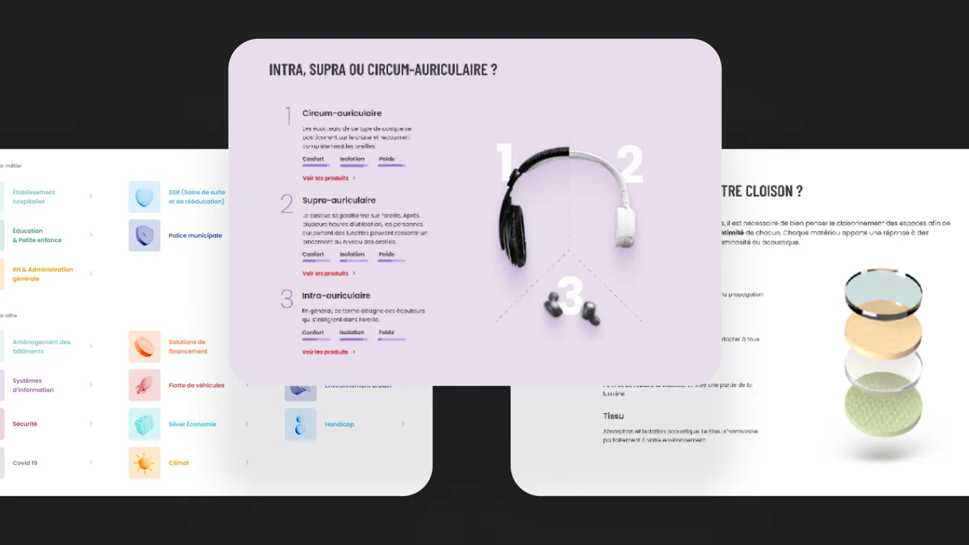 UGAP editorial screens: an interactive buying guide comparing intra, supra and circum-aural headphones with a 3D render and comfort, isolation and weight bars, a partition-material comparison, and a solutions menu organised by profession and by need.