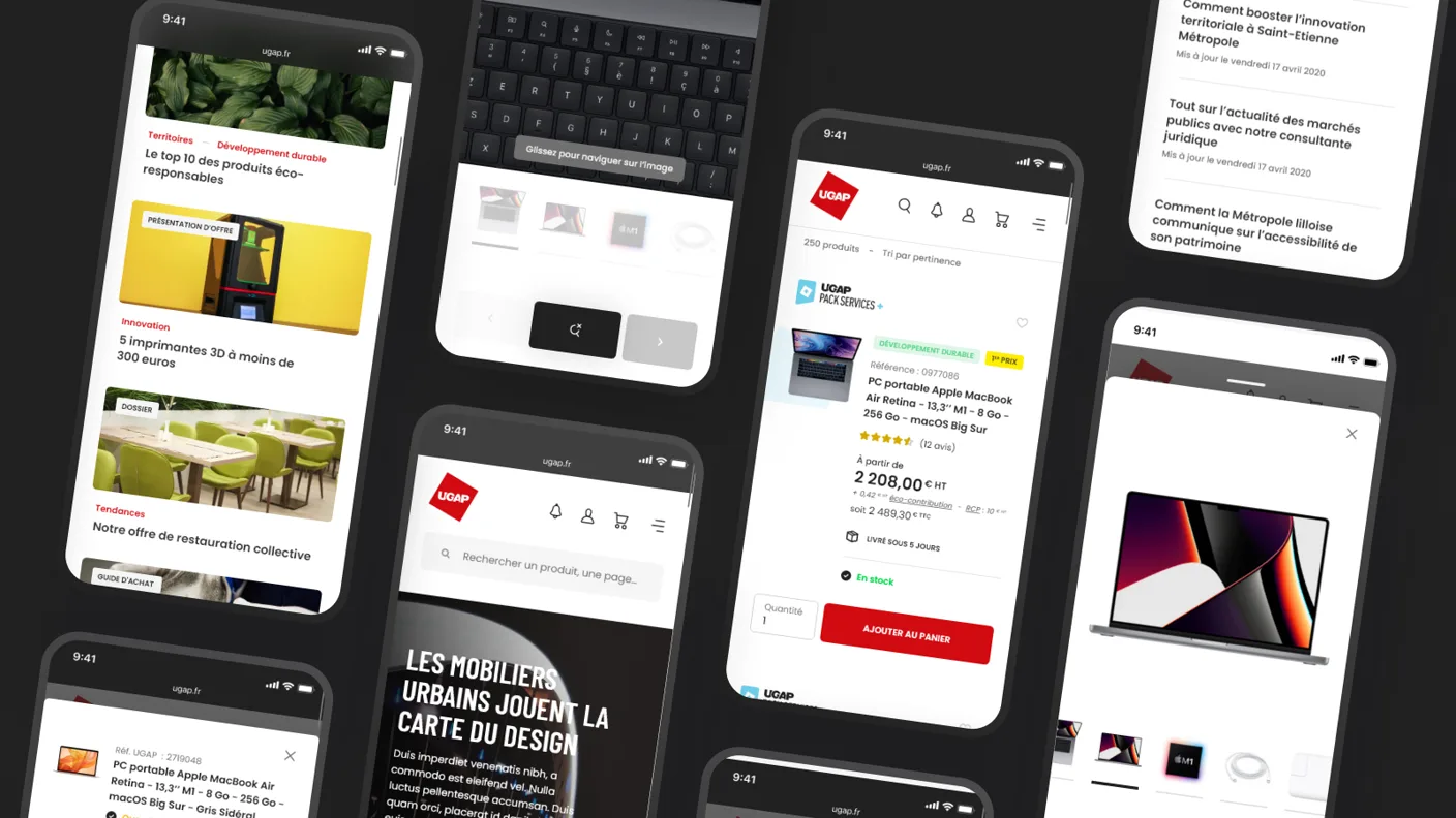 A set of UGAP mobile screens: the magazine feed, a product listing, a product detail with an add-to-cart panel, search and the homepage hero.