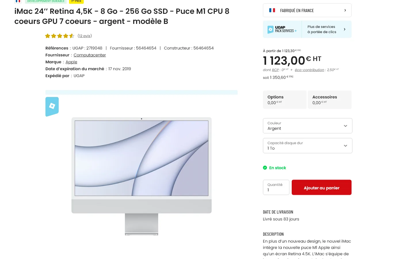 A UGAP product page for an iMac: title, ratings, supplier and reference details, a large product image, and a purchase panel with price, colour and storage selectors and an add-to-cart button.